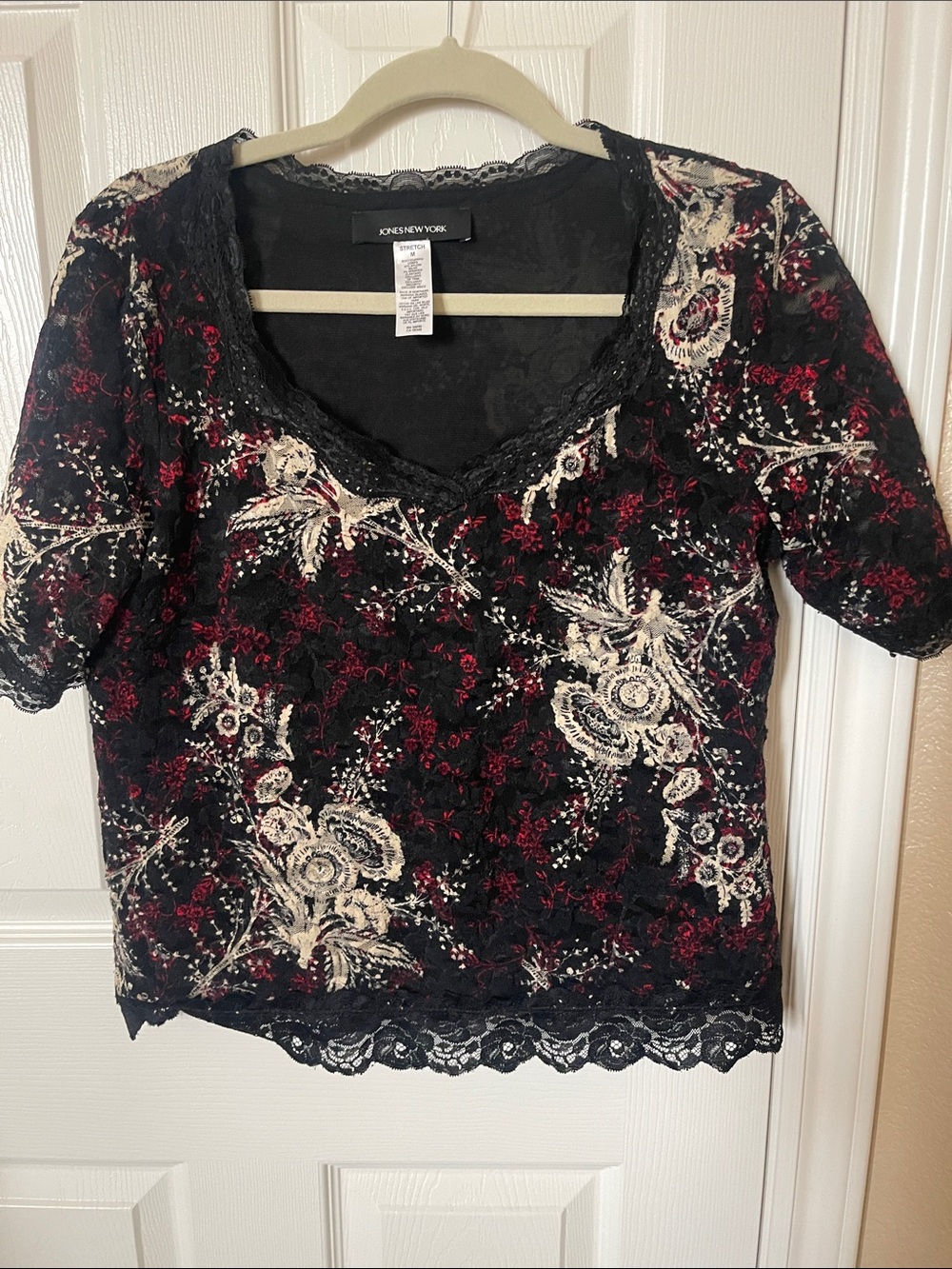 Jones New York Black Lace Top with Cream & Red Floral Embroidery